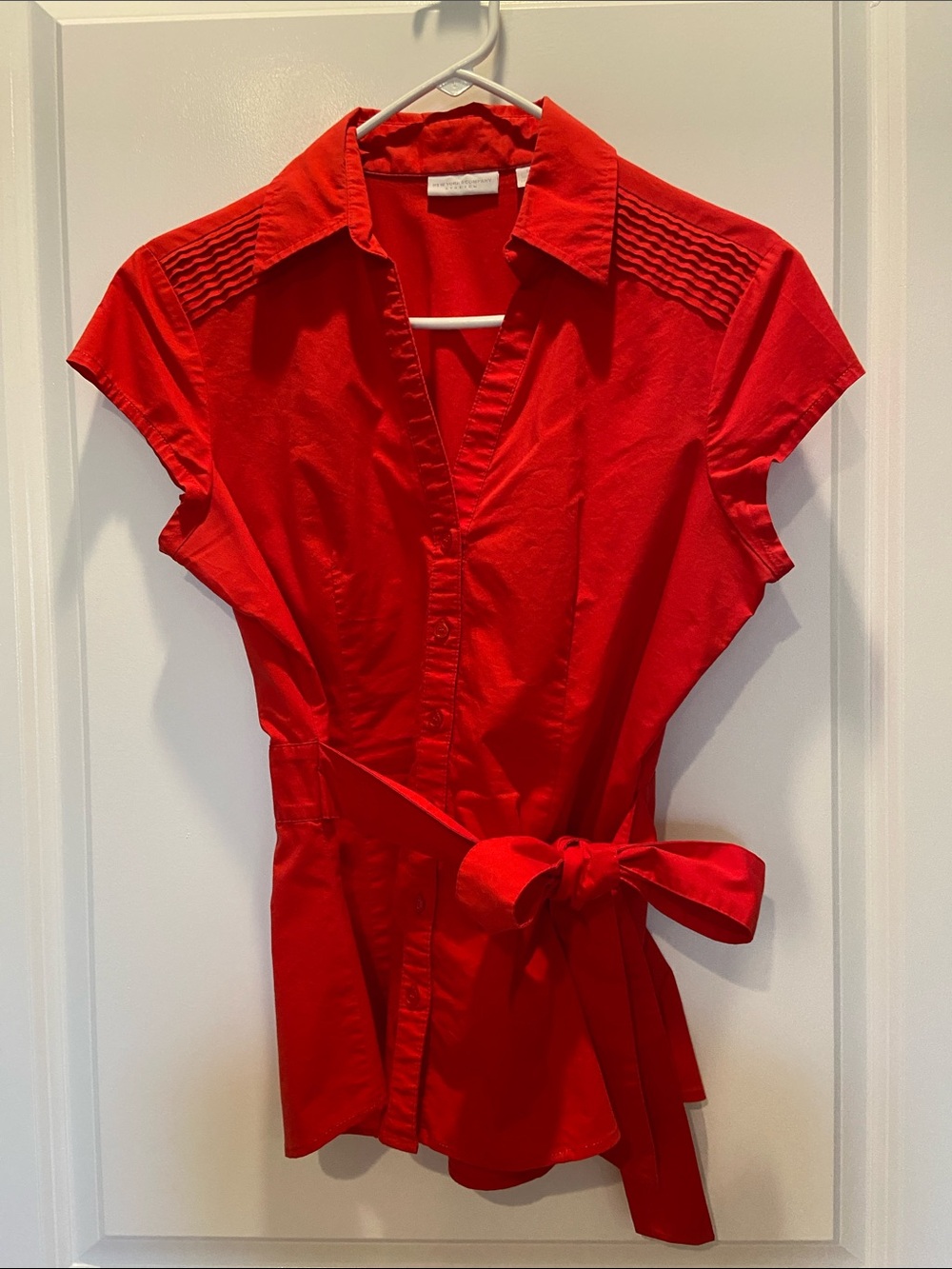 New York & Company Red Tie-Waist Button Down Blouse